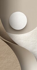 Abstract beige and white layered shapes create a minimalist, textured aesthetic. A large white circle sits within overlapping, curved shapes