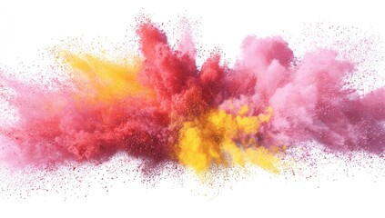 Abstract explosion of vibrant pink and yellow powder against a white background. A dynamic burst of color in a controlled, isolated display
