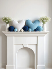 Obraz premium Two heartshaped pillows and yarn balls displayed on a white fireplace mantelpiece with flowers in vases