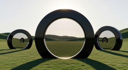 Large Black Circular Sculptures in Outdoor Landscape with Rolling Hills and Sunny Sky