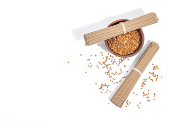 Japanese buckwheat soba noodles. Classic ingredient for preparing traditional dishes. Ceramic bowl