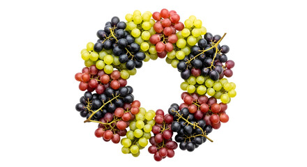 Grapes Form Round Wreath on Transparent Background, Showing Red, Green, and Black Grapes