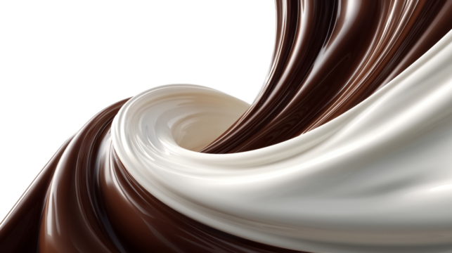 Swirl of dark chocolate and white milk flowing together like silk on transparent background