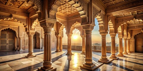 Fototapeta premium Golden Sunrise Illuminates Intricate Architectural Details of a Majestic Palace Pavilion