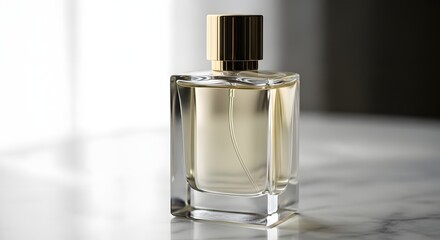Elegant Fragrance: A stunning crystal perfume bottle, showcasing a captivating clear liquid, elegantly captured, promising an experience of sophistication and luxury.
