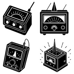Illustration of four different retro style devices with dials and antennas in black and white