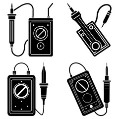 Illustration of four different soldering irons and multimeter sets in black and white style