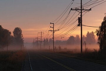 A misty road at dawn, with utility poles and power lines stretching across the landscape