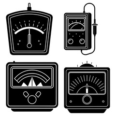 Illustration of four different black and white analog meters with needles and various scales displayed