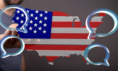 USA map with chat icons.  Concept for national conversation, unity, or social media.