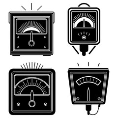Illustration of four black and white analog meters with needles and scales in various orientations