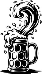 silhouette vector of beer foam splashing out of a mug, dynamic droplets and bubbles 