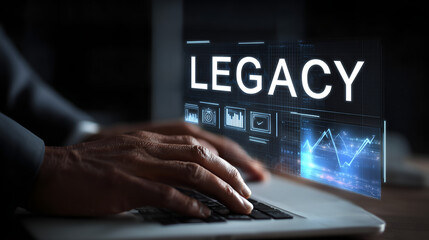 Building the Legacy: A close-up shot of a person, diligently working on a modern laptop, with the concept of LEGACY superimposed in a futuristic, tech-driven display.