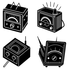 Illustration of four vintage electrical measuring devices with dials and knobs in monochrome style