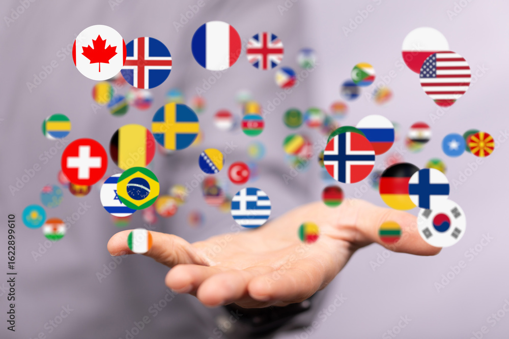 Poster image of world flags hovering above a hand, symbolizing global connection and international collabor