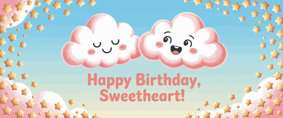 This delightful illustration portrays cheerful clouds with happy expressions celebrating a birthday, perfect for joyful occasions, love, and lightheartedness in design.