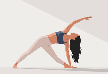 This illustration depicts a woman performing yoga in a peaceful setting, showcasing balance, concentration, and inner tranquility, emphasizing healthy living and personal wellness.
