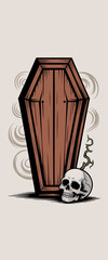This striking artistic piece depicts a wooden coffin alongside a skull and an eerie plant, delivering a powerful visual of mortality, decay, and the beauty of the macabre.
