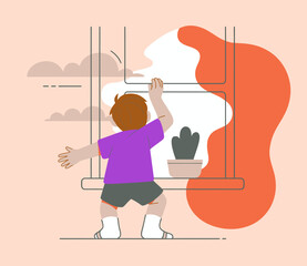A joyful child lifts a window curtain, letting in the sunshine and fresh air, showcasing the essence of childhood curiosity and the beauty of nature's light-filled moments.
