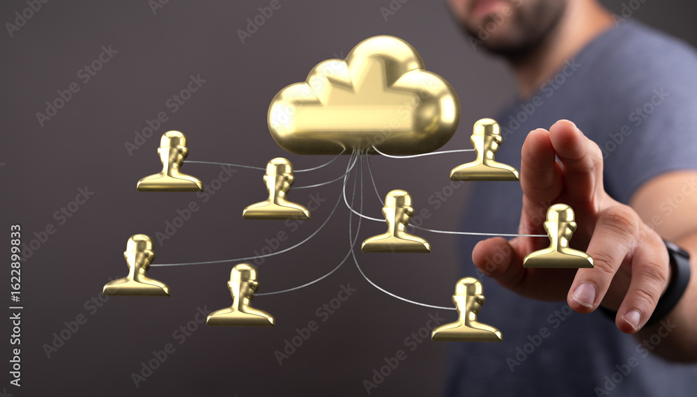 Poster gold icons illustrate secure cloud-based data sharing and teamwork. ideal for tech, business, and ne