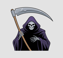 A bold illustration of a grim reaper character holding a scythe, capturing elements of mystery and the supernatural, perfect for Halloween themes or dark art.