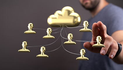 Gold icons illustrate secure cloud-based data sharing and teamwork. Ideal for tech, business, and...