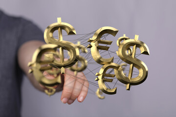 Image depicts interconnected dollar and euro signs, symbolizing global finance and currency...