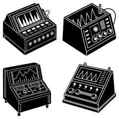 Four different styles of control panels with screens and buttons in a black and white illustration