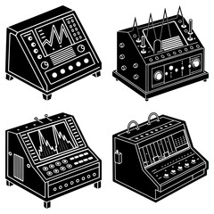 Illustration of four isometric black control panels with screens and various knobs and buttons shown