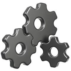 This image features two 3D gray gears, rendered in a realistic, metallic style, against a solid black background.