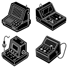 Isometric illustration of four different control panels with screens and buttons in black and white style