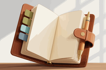 A beautifully designed open notebook with tabs and a pen, ideal for ideas, planning, journaling, or any creative writing projects.