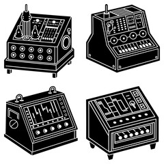 Illustration of four vintage synthesizer machines with knobs, buttons, and displays in black and white