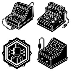 Illustration of four different types of electronic devices in black and white isometric view style