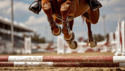 A powerful horse leaps gracefully over a hurdle, showcasing athleticism and the thrill of equestrian competition.