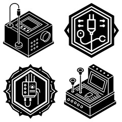 Isometric illustrations of medical and laboratory equipment in black and white style design set