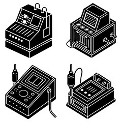 Illustration of four isometric black and white machines with screens and various controls and cables