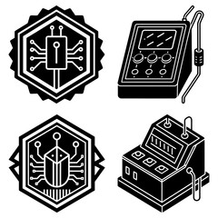 Illustration showing two circuit board designs and two control panel devices in black and white