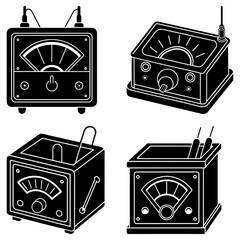 Illustration showing four vintage electrical measuring devices in a black and white design style