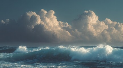 Dramatic ocean waves crash against a backdrop of massive, cumulus clouds