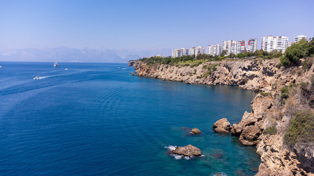 Lara district of a resort town of Antalya, Turkey situated on a high cliff. Vacation and coastline concept
