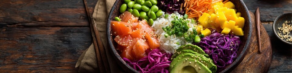 Colorful hawaiian poke bowl with fresh salmon, mango and avocado displayed on rustic wooden table