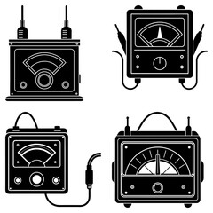 Illustration of four analog meters with various designs and measurement scales in black and white style