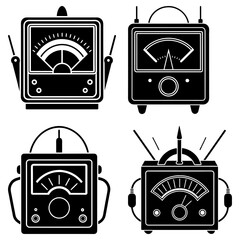 Illustration of four vintage electrical measuring instruments in black and white style design vector