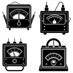 Illustration of four different analog electrical meters in black and white vector format design style