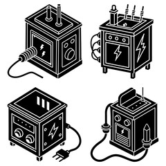 Isometric view of four electrical machines with lightning bolt symbols and various connections shown