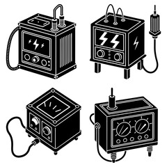 Illustration of four vintage electrical devices with dials and switches in black and white style