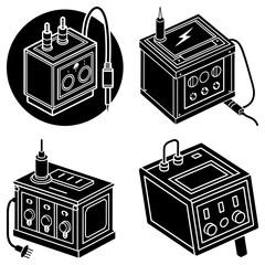Illustration showing four different views of vintage electrical equipment in black and white style