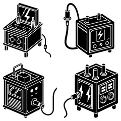 Illustration of four electrical machines with lightning bolts and various control panels in black and white