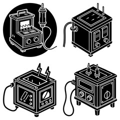 Isometric illustration of four different types of vintage electrical equipment in black and white style